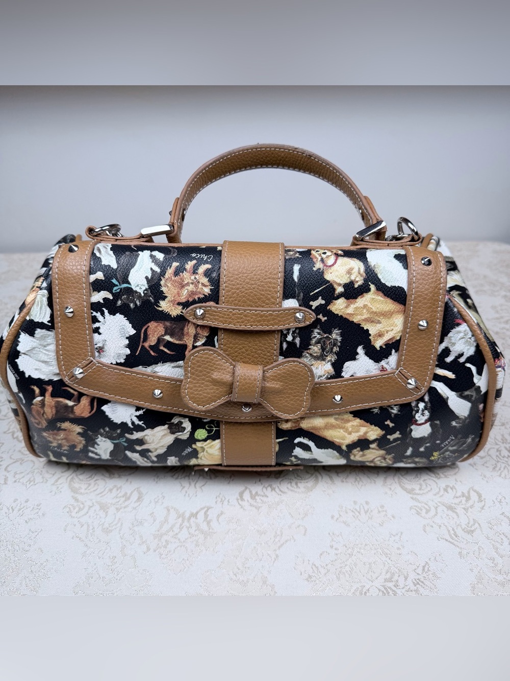 Sydney Love Tan Leather-Trim Dog Print Handbag, Large, Chain Strap
